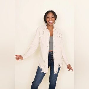 American Bazi Cream Distressed Jean Jacket